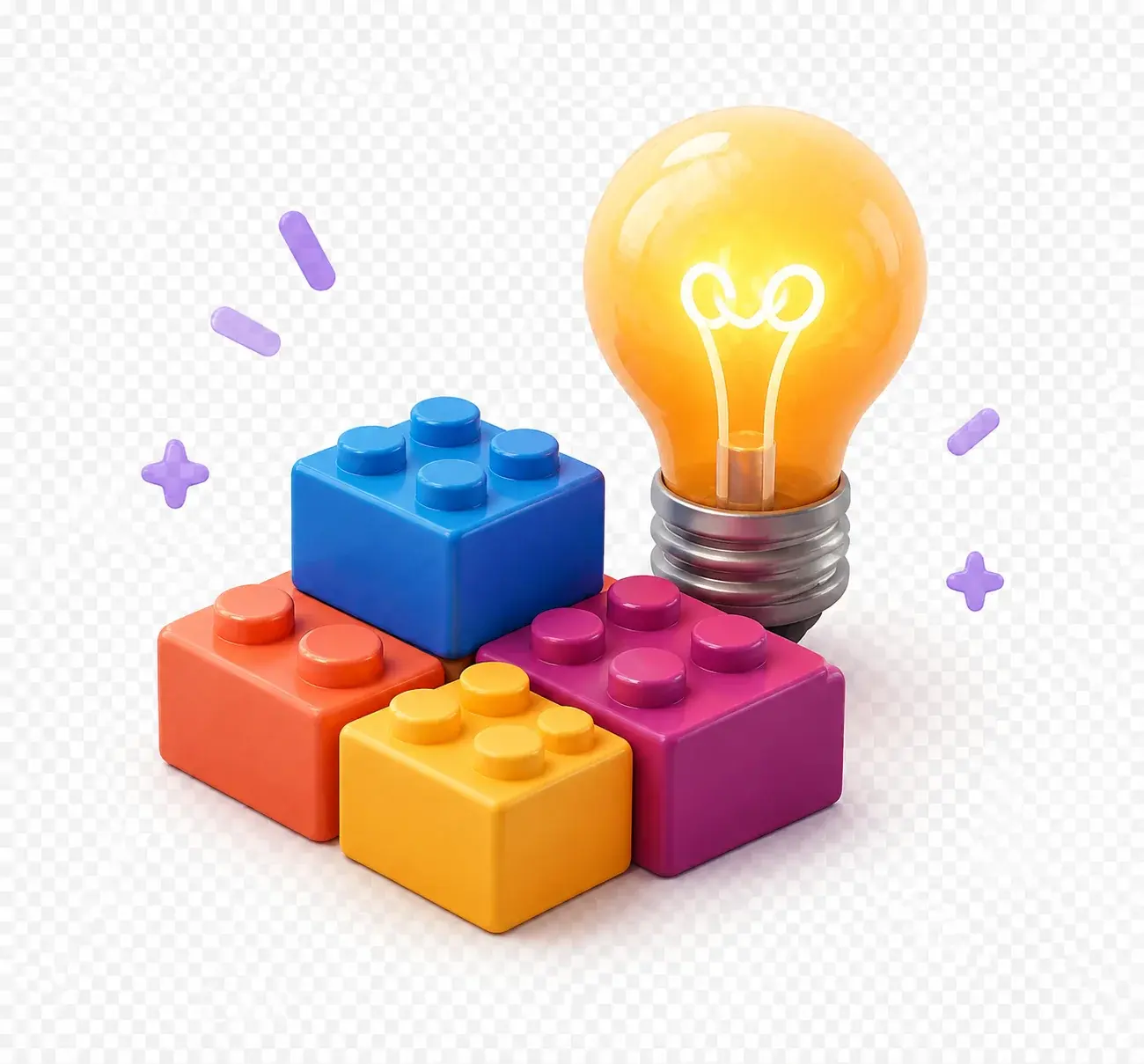 Ilustración 3D de una ampolleta encendida sobre bloques de colores